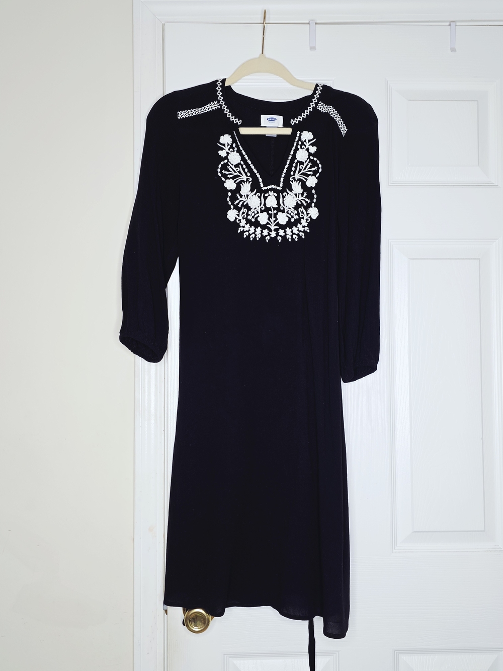 Women’s Black Dress with Off-White Embroidered V-Neck - Classic Style